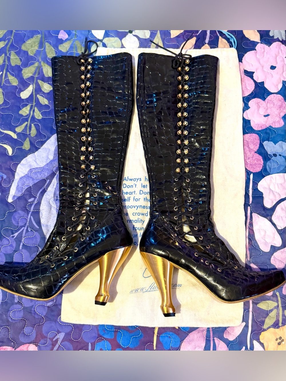Fluevog Black Croc-Embossed Lace-Up Knee Boots with Gold Heels